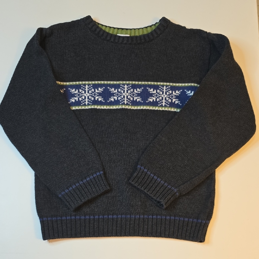 Gymboree Dark Gray Crewneck Sweater with Blue Snowflake Band and Green Trim